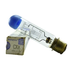 Lámpara Westinghouse CXK 300W 120V original con tope azul y base P28s junto a su caja vintage.