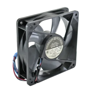 Ventilador industrial Rotron 48V para telecomunicaciones aspas grises.