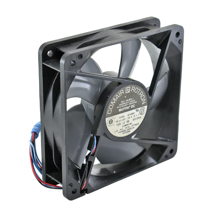 Ventilador industrial Rotron 48V para telecomunicaciones aspas grises.